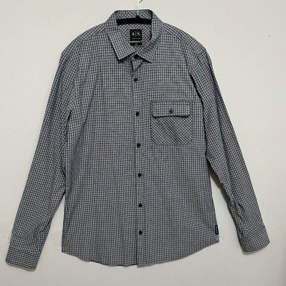 Armani Exchange Men Shirt Size Large Slim Fit Cotton Pocket Checkered Black Logo - Picture 1 of 7